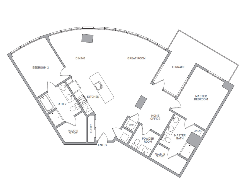 Floor plan for 2 beds, 2.5 baths, 1670 sqft